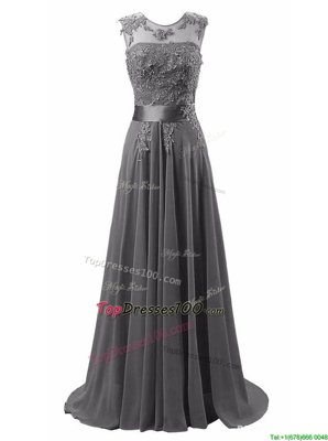 Cheap Scoop Sleeveless Chiffon Brush Train Lace Up Dress for Prom in Grey for with Beading and Appliques