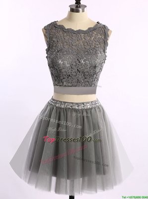 Customized Scoop Mini Length Zipper Party Dress Grey and In for Prom with Lace