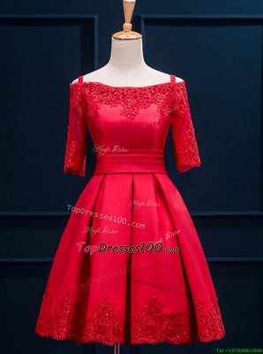 Great Red Off The Shoulder Lace Up Appliques and Pleated Party Dresses Half Sleeves