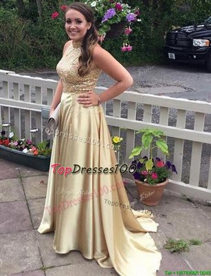 Sequins Brush Train A-line Prom Gown Gold High-neck Satin Sleeveless Zipper