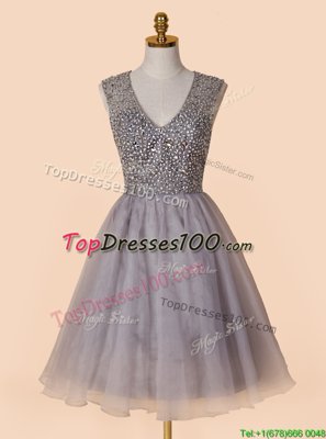 Sequins V-neck Sleeveless Zipper Grey Organza