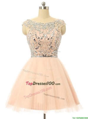 Attractive Peach A-line Scoop Sleeveless Tulle Knee Length Zipper Beading and Sequins Cocktail Dresses