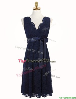 Lovely Lace Knee Length A-line Sleeveless Navy Blue Party Dress Zipper