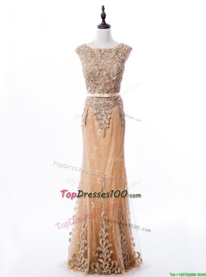 New Style Mermaid Lace Scoop Sleeveless Brush Train Zipper Beading Prom Party Dress in Gold