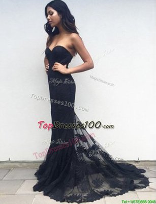 Dramatic Black Mermaid Lace Sweetheart Sleeveless Appliques With Train Zipper Evening Dress Brush Train