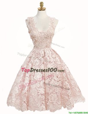 Custom Design V-neck Sleeveless Club Wear Knee Length Lace Baby Pink Lace