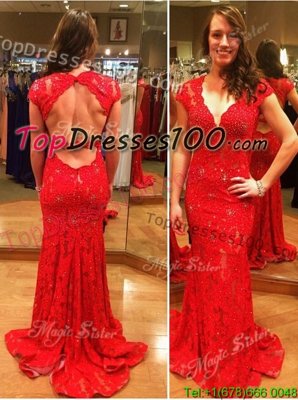 Clearance Mermaid Cap Sleeves Court Train Backless With Train Lace Homecoming Dress