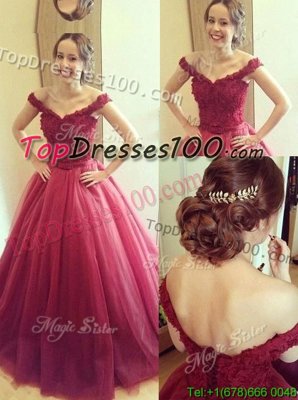 Exquisite Fuchsia A-line Tulle Off The Shoulder Sleeveless Appliques Floor Length Lace Up Pageant Dress for Womens