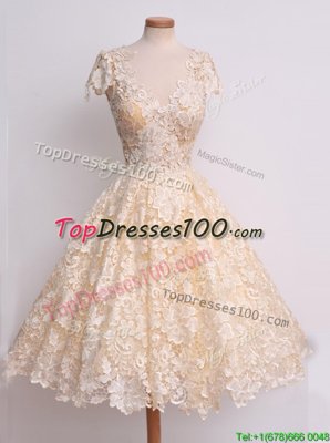 Flirting Peach Cap Sleeves Lace Knee Length Cocktail Dresses