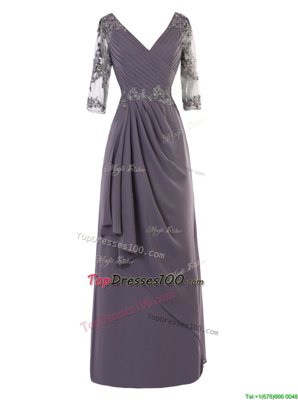 Glorious V-neck Long Sleeves Zipper Prom Dresses Grey Chiffon