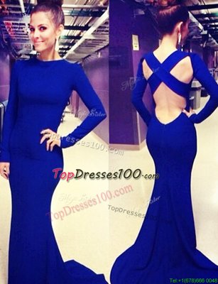 Designer Mermaid Royal Blue Criss Cross Scoop Ruching Prom Party Dress Elastic Woven Satin Long Sleeves Brush Train