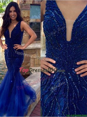 Mermaid Royal Blue V-neck Neckline Sequins Evening Dress Sleeveless Zipper