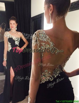 Stylish Mermaid One Shoulder Long Sleeves Chiffon With Train Sweep Train Side Zipper Prom Gown in Black for with Beading
