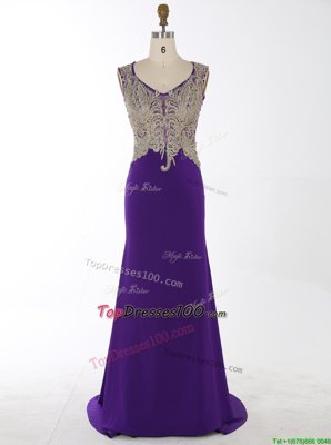 Mermaid V-neck Sleeveless With Brush Train Beading and Appliques Purple Chiffon