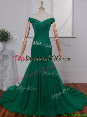 Sweet Mermaid Off the Shoulder Green Tulle Zipper Sleeveless Court Train Ruching