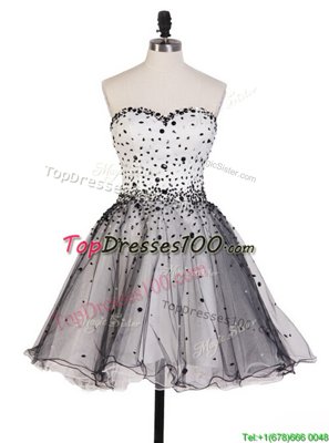 Grey A-line Organza Sweetheart Sleeveless Beading Knee Length Lace Up Party Dress