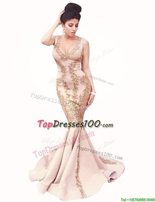 Mermaid Peach Scoop Zipper Beading Dress for Prom Brush Train Sleeveless