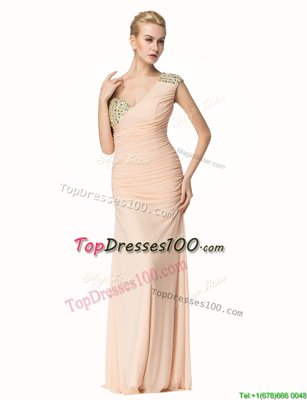 Cute Mermaid One Shoulder Sleeveless Floor Length Beading and Ruching Zipper Prom Gown with Peach
