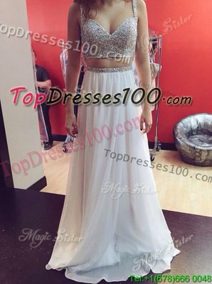 Eye-catching Spaghetti Straps Sleeveless Prom Gown Floor Length Sequins White Chiffon