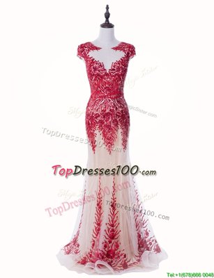 Adorable Scoop Red Mermaid Appliques Prom Dresses Backless Tulle Cap Sleeves