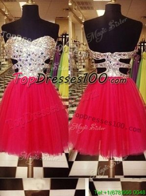 Red A-line Tulle Sweetheart Sleeveless Sequins Mini Length Zipper Party Dresses
