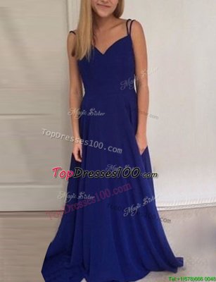 Superior Scoop Royal Blue Backless Evening Dress Ruching Sleeveless Brush Train