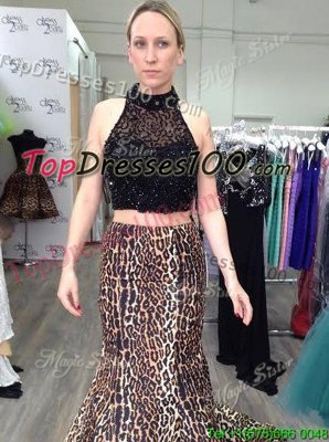 Luxurious Mermaid High-neck Sleeveless Satin Beading Court Train Zipper