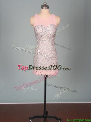 Pink Zipper Scoop Beading Evening Dress Elastic Woven Satin Sleeveless