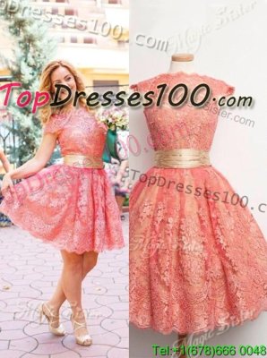 Customized Scoop Cap Sleeves Party Dress for Toddlers Knee Length Lace Watermelon Red Lace