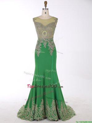 Brush Train Mermaid Evening Dress Green Scoop Chiffon Sleeveless Zipper