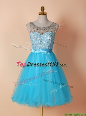 Scoop Blue Sleeveless Tulle Zipper Party Dress for Prom
