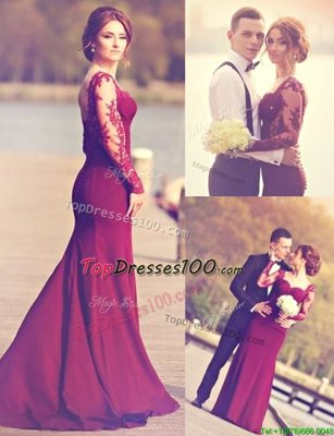 Mermaid Scoop Long Sleeves Evening Dress Brush Train Appliques Burgundy Elastic Woven Satin