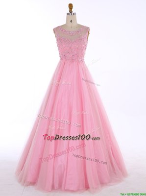 Stunning Backless Scoop Sleeveless Dress for Prom Floor Length Beading and Appliques Baby Pink Satin