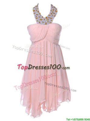 Sumptuous Backless Baby Pink Sleeveless Beading Knee Length Party Dresses