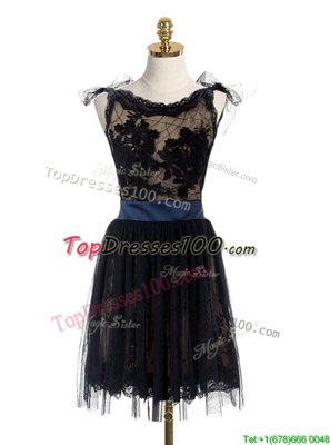 Scoop Mini Length Backless Prom Evening Gown Black and In for Party with Lace and Belt