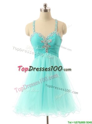Spaghetti Straps Sleeveless Criss Cross Cocktail Dresses Aqua Blue Tulle