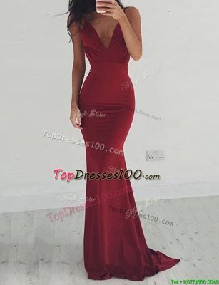 Mermaid Burgundy Elastic Woven Satin Backless V-neck Sleeveless Homecoming Dress Brush Train Ruching