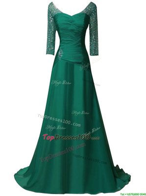 With Train Green Prom Gown Chiffon Sweep Train Long Sleeves Beading and Ruching