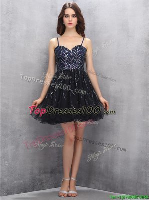 Glittering Black Tulle Lace Up Cocktail Dress Sleeveless Mini Length Sequins
