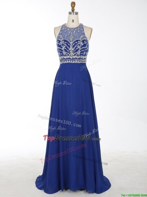 Luxury Criss Cross Scoop Sleeveless With Brush Train Beading Royal Blue Chiffon