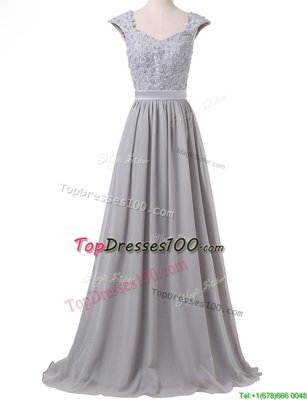 Customized Scoop Grey Chiffon Lace Up Prom Gown Cap Sleeves Floor Length Lace and Pleated