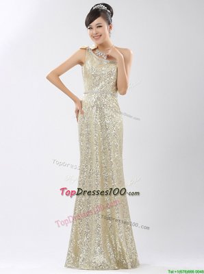Beauteous Sequins Floor Length Champagne Evening Dress One Shoulder Sleeveless Zipper