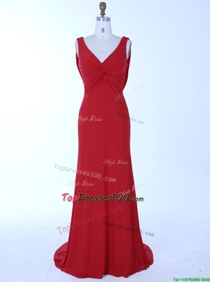 Mermaid V-neck Sleeveless Brush Train Zipper Homecoming Dress Red Chiffon