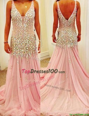 Mermaid Tulle Sleeveless Evening Dresses Court Train and Beading
