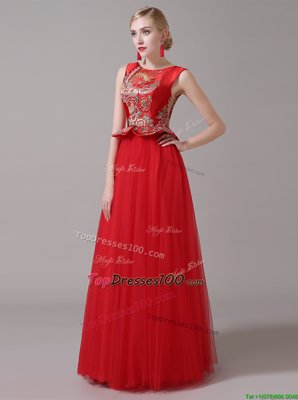 Suitable Scoop Sleeveless Tulle Floor Length Zipper Homecoming Dress in Red for with Appliques