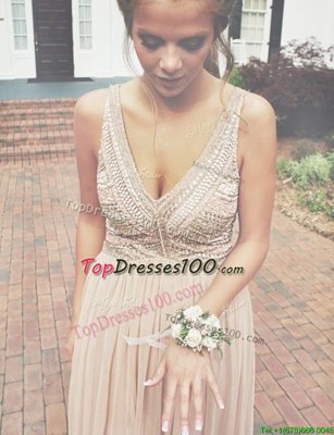 Champagne Sleeveless Beading Floor Length Evening Dress