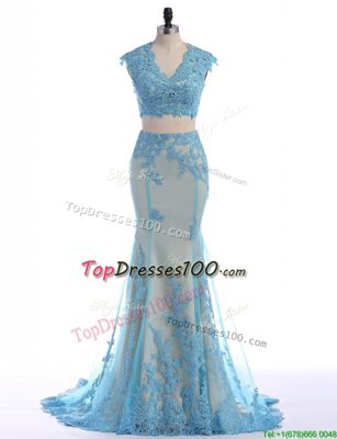 Mermaid Blue Dress for Prom Prom and Party and For with Lace V-neck Sleeveless Brush Train Zipper