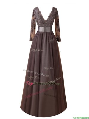 Customized Long Sleeves Floor Length Lace Zipper Prom Evening Gown with Brown