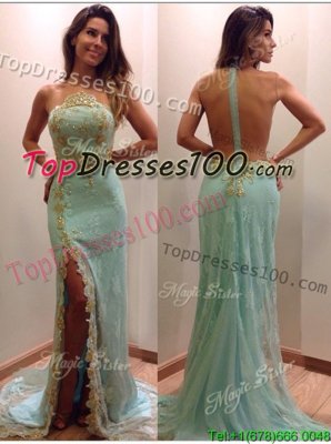 Modern Sequins Court Train Mermaid Dress for Prom Apple Green Strapless Tulle Sleeveless Zipper