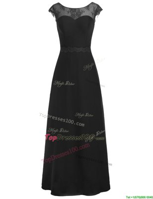 Fabulous Scoop Cap Sleeves Prom Party Dress Floor Length Appliques Black Chiffon